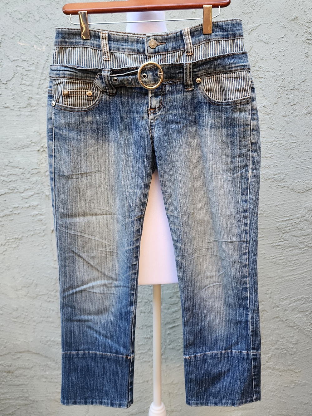 Just Cavalli/Ju Fu Jeans Striped Trim Low Rise Cropped Jeans with O-Ring Belt M